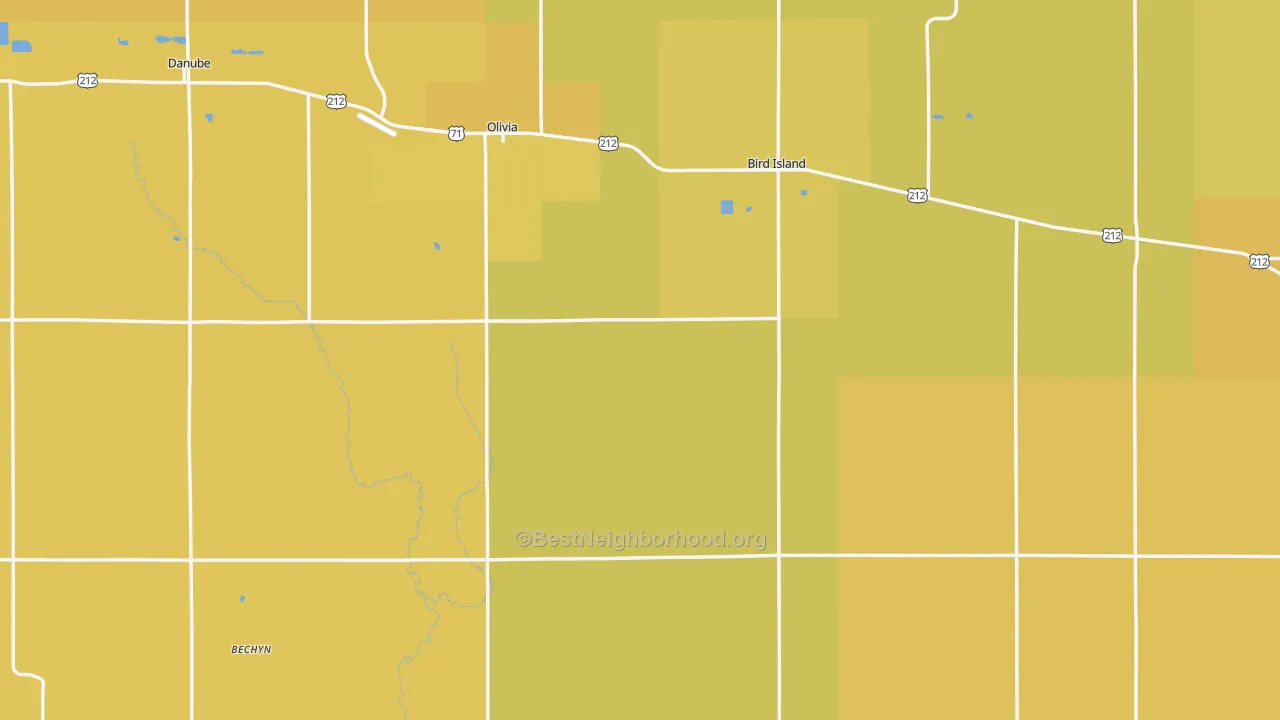Map of the best neighborhoods in the Renville County area, with better matches in green and worse matches in red
