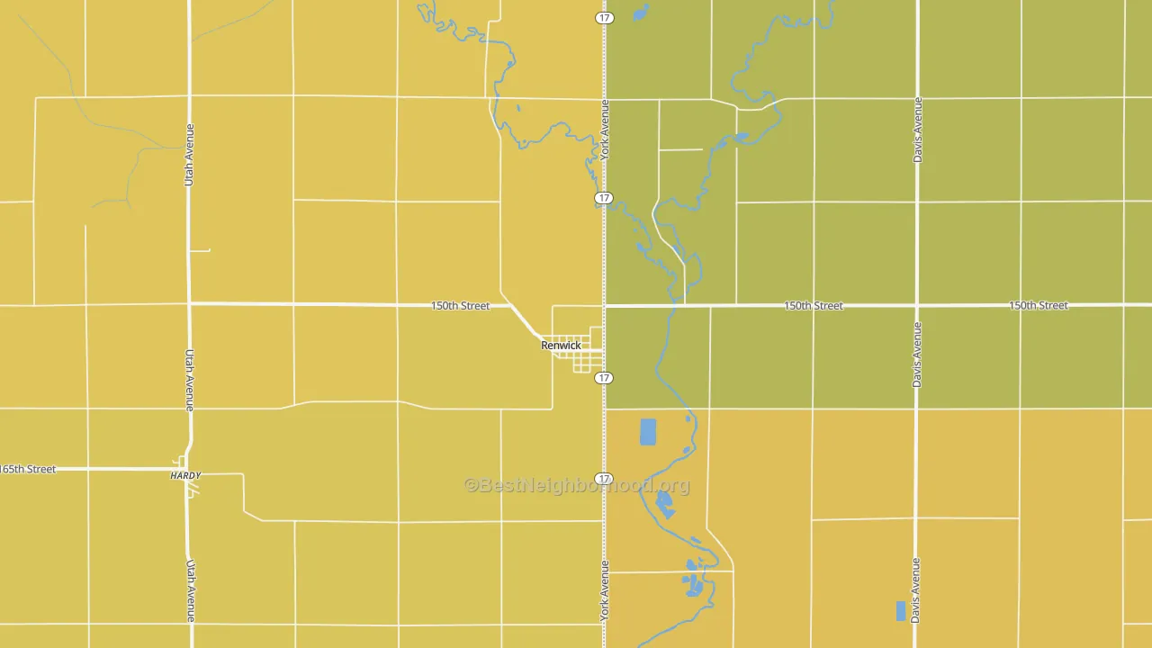 Map of the best neighborhoods in the Renwick area, with better matches in green and worse matches in red