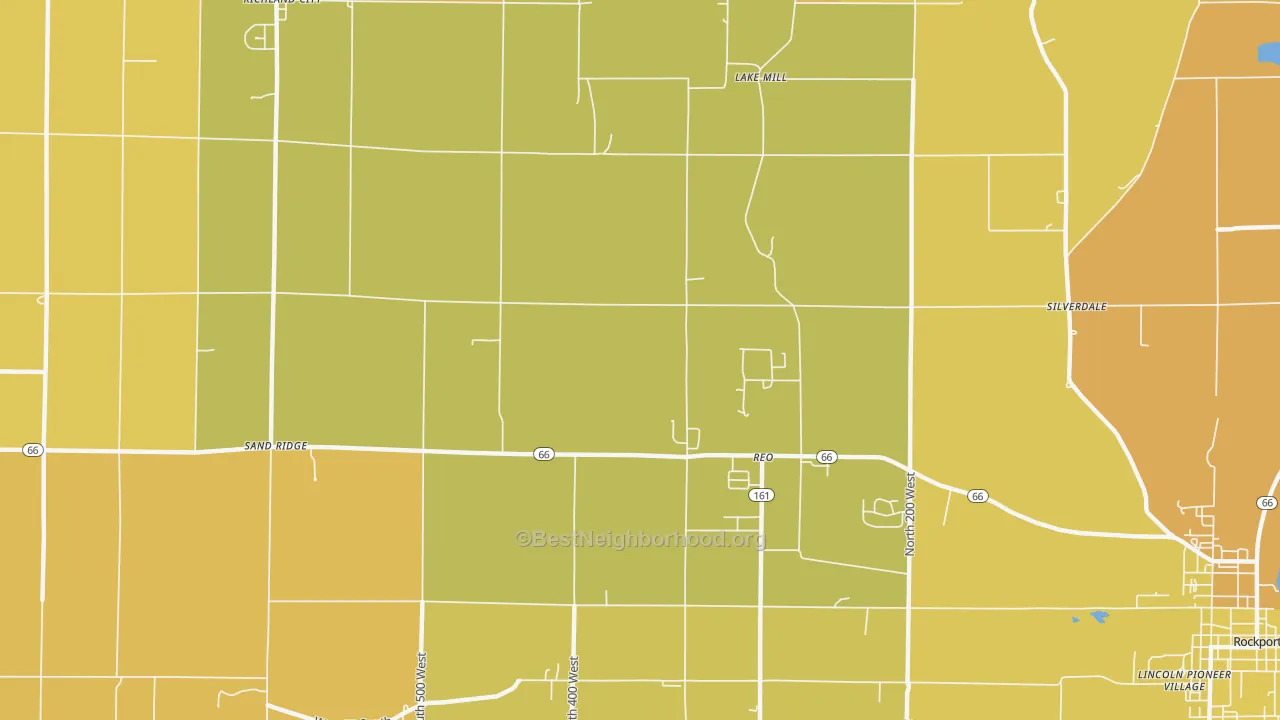 Map of the best neighborhoods in the Reo area, with better matches in green and worse matches in red