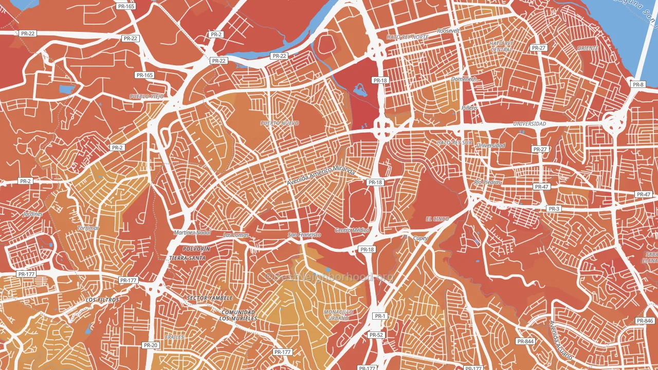 Map of the best neighborhoods in the Reparto Metropolitano, San Juan area, with better matches in green and worse matches in red