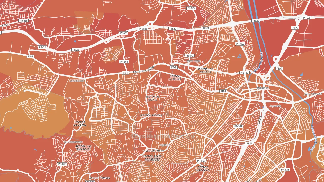 Map of the best neighborhoods in the Reparto Valencia, Bayamon area, with better matches in green and worse matches in red