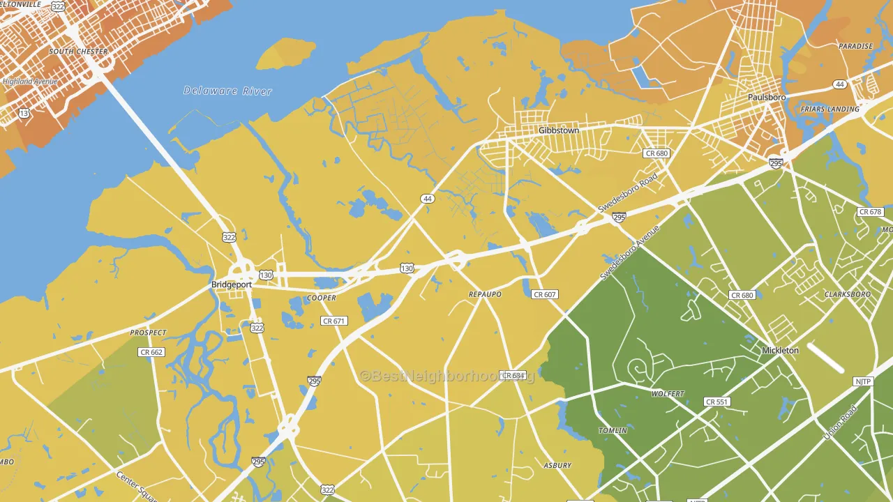 Map of the best neighborhoods in the Repaupo area, with better matches in green and worse matches in red