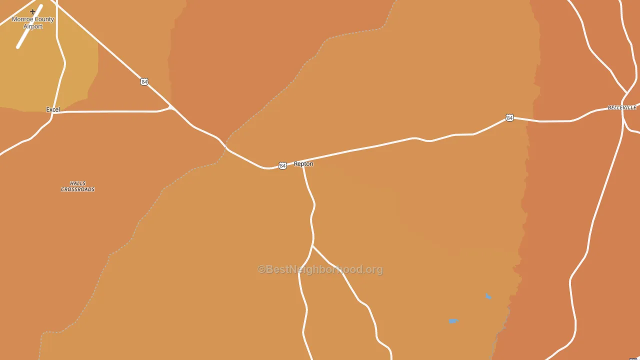 Map of the best neighborhoods in the Repton area, with better matches in green and worse matches in red