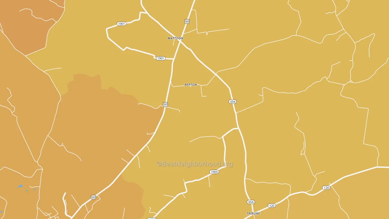 Map of the best neighborhoods in the Repton area, with better matches in green and worse matches in red