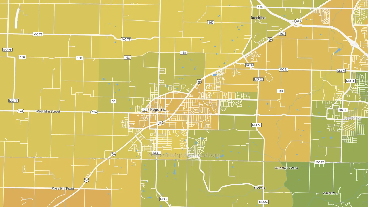Map of the best neighborhoods in the Republic area, with better matches in green and worse matches in red