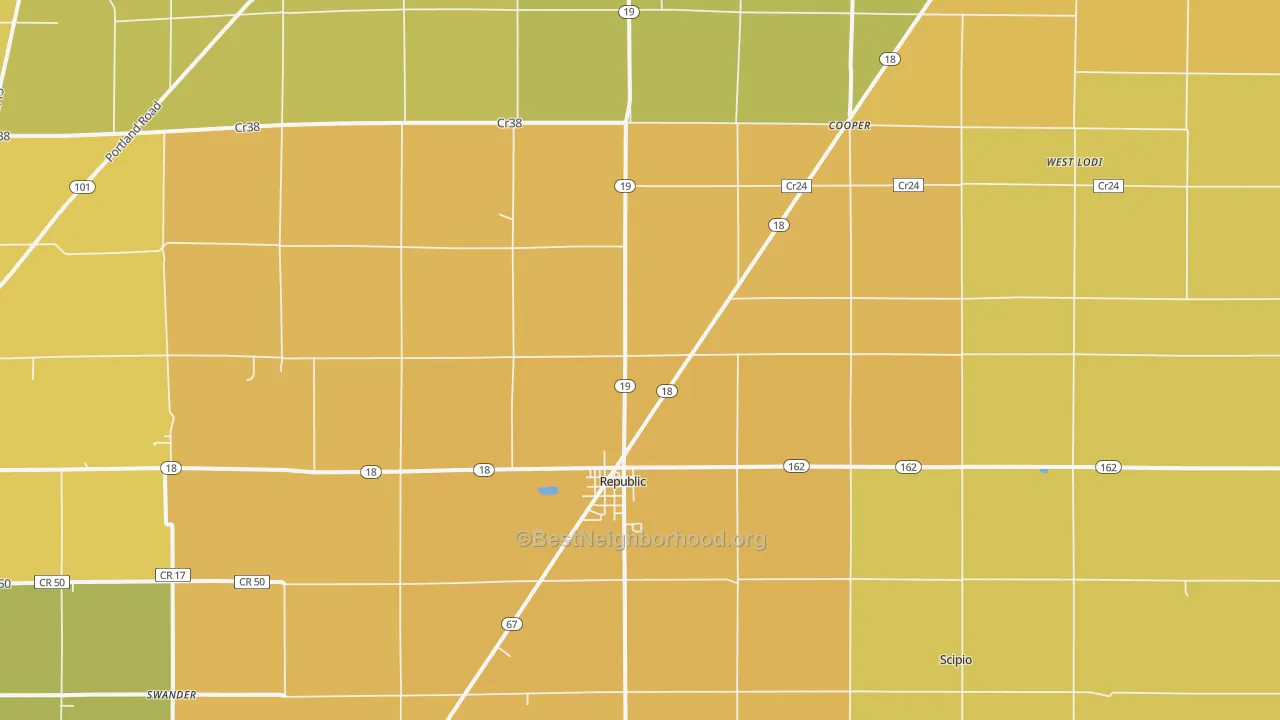 Map of the best neighborhoods in the Republic area, with better matches in green and worse matches in red