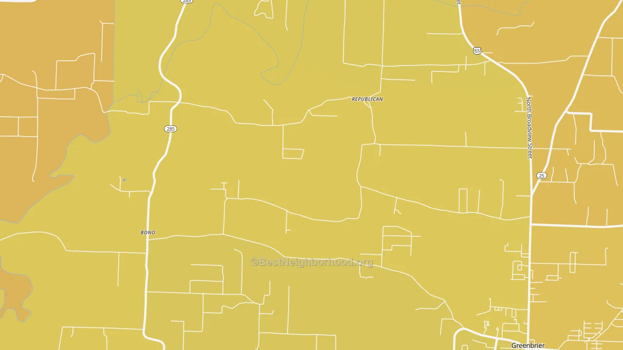 Map of the best neighborhoods in the Republican area, with better matches in green and worse matches in red