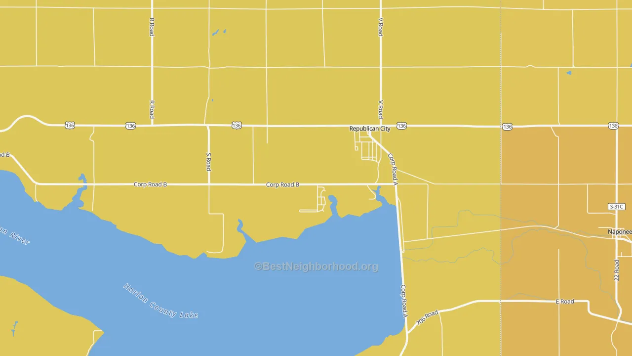 Map of the best neighborhoods in the Republican City area, with better matches in green and worse matches in red