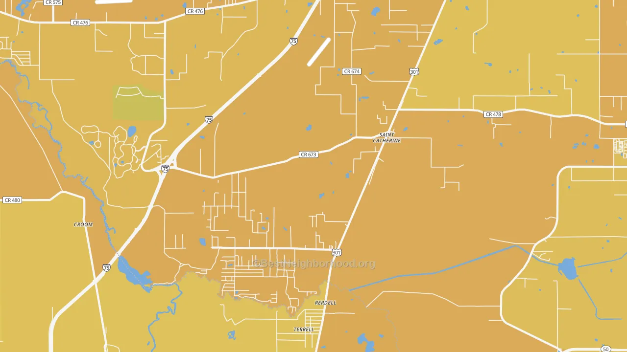 Map of the best neighborhoods in the Rerdell area, with better matches in green and worse matches in red