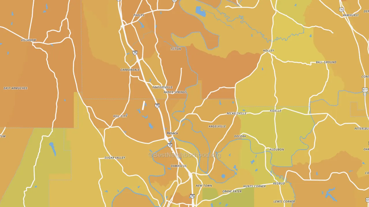 Map of the best neighborhoods in the Resaca area, with better matches in green and worse matches in red