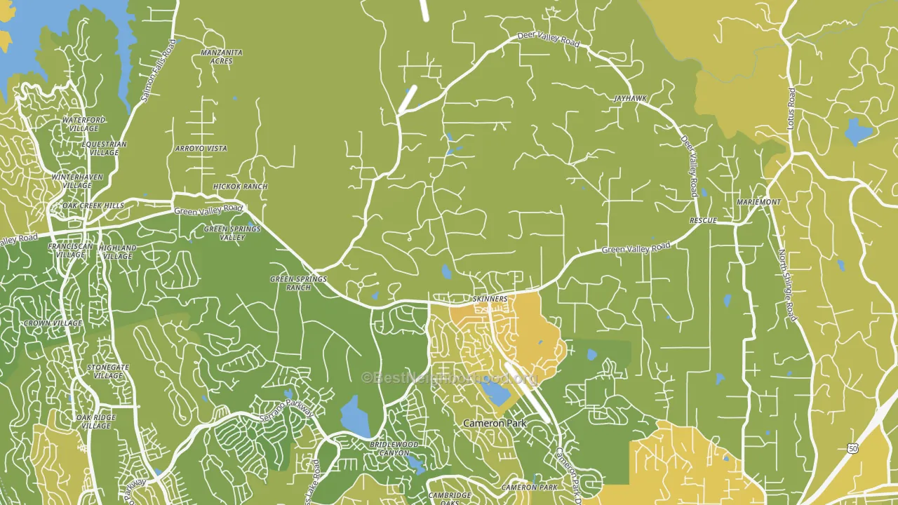 Map of the best neighborhoods in the Rescue area, with better matches in green and worse matches in red