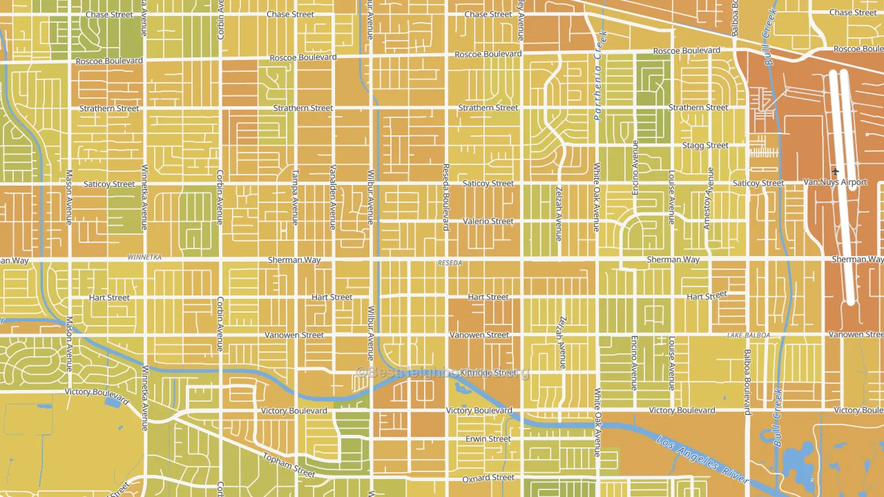 Map of the best neighborhoods in the Reseda area, with better matches in green and worse matches in red