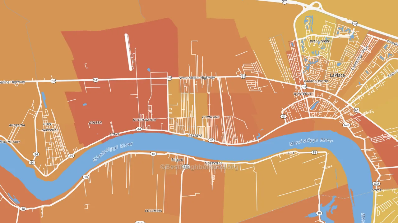 Map of the best neighborhoods in the Reserve area, with better matches in green and worse matches in red