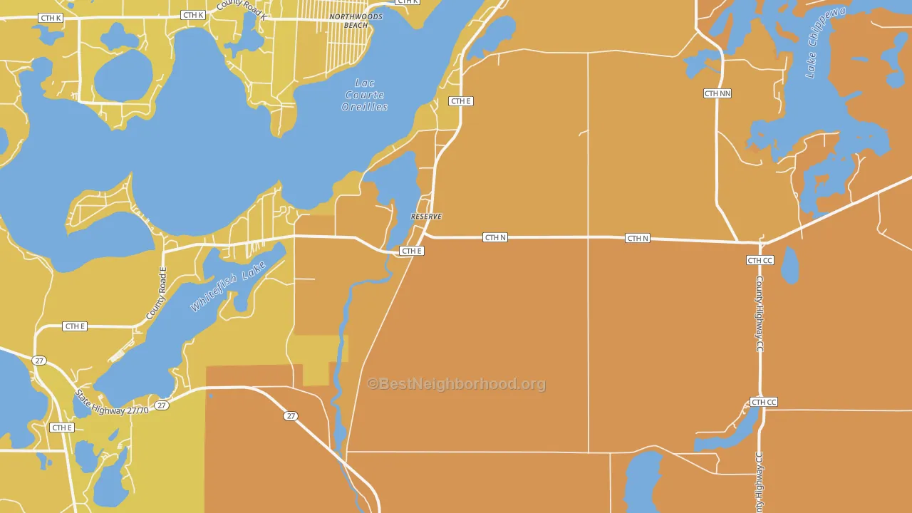 Map of the best neighborhoods in the Reserve area, with better matches in green and worse matches in red