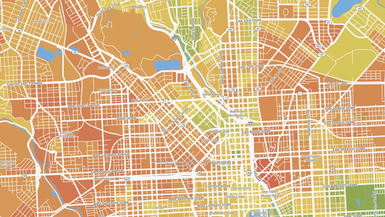 Map of the best neighborhoods in the Reservoir Hill-Bolton Hill, Baltimore area, with better matches in green and worse matches in red