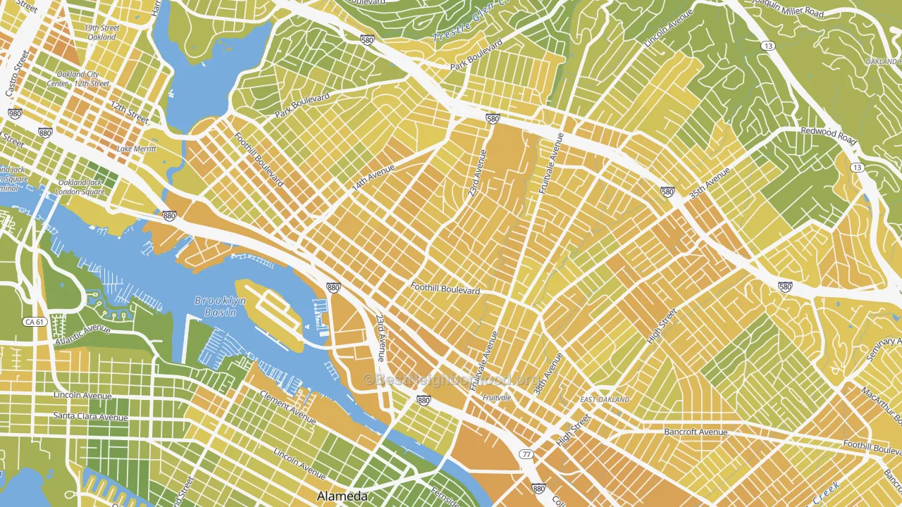 Map of the best neighborhoods in the Reservoir Hills, Oakland area, with better matches in green and worse matches in red