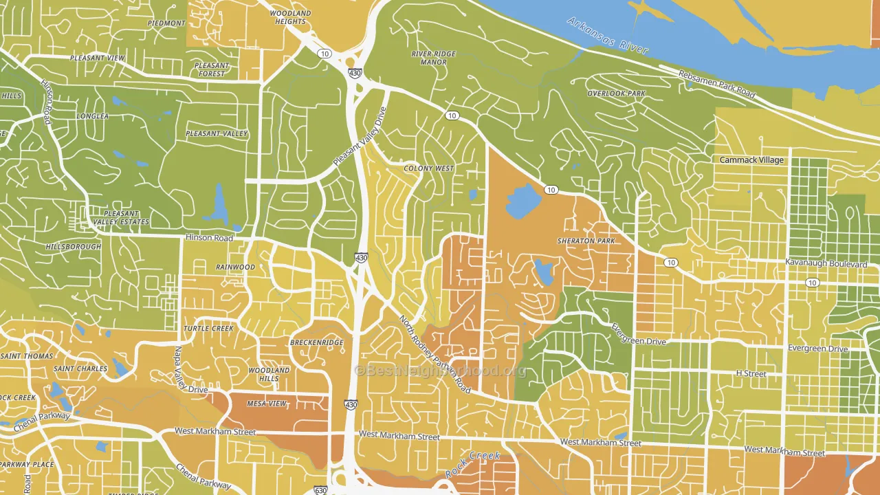 Map of the best neighborhoods in the Reservoir, Little Rock area, with better matches in green and worse matches in red