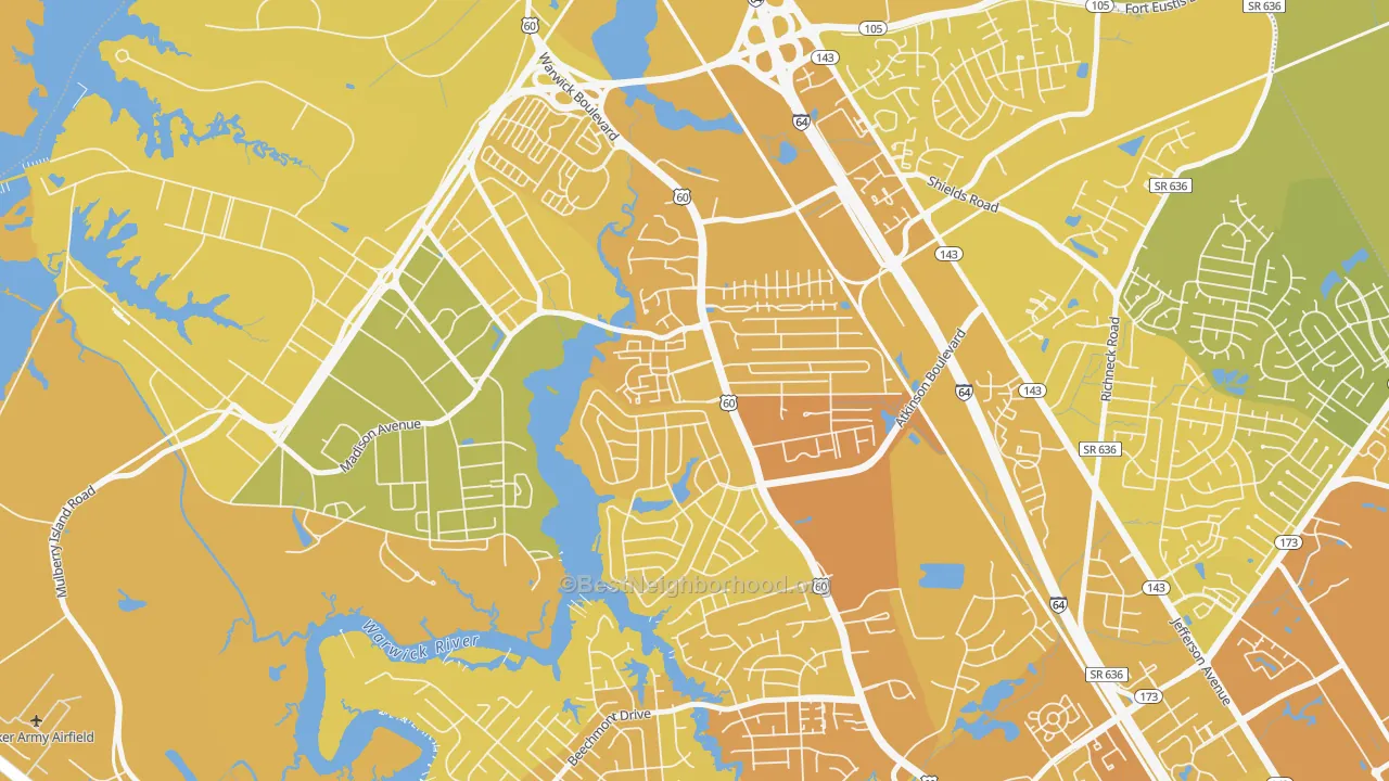 Map of the best neighborhoods in the Reservoir, Newport News area, with better matches in green and worse matches in red