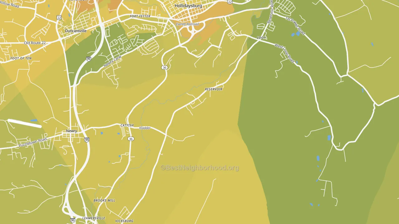 Map of the best neighborhoods in the Reservoir area, with better matches in green and worse matches in red