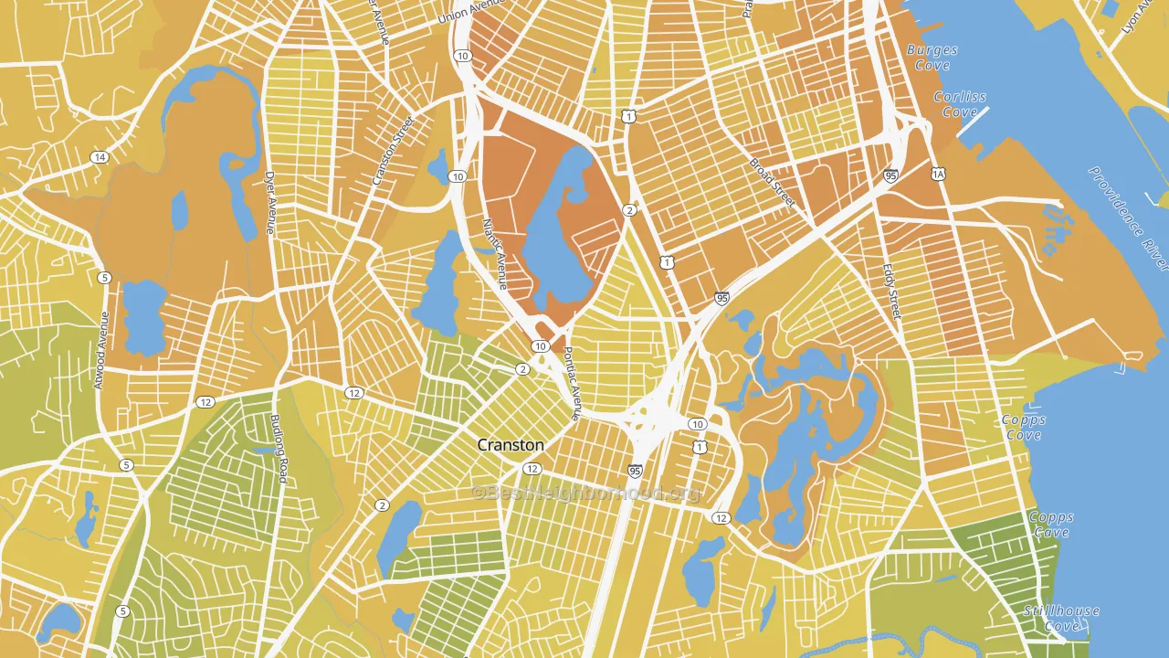 Map of the best neighborhoods in the Reservoir, Providence area, with better matches in green and worse matches in red