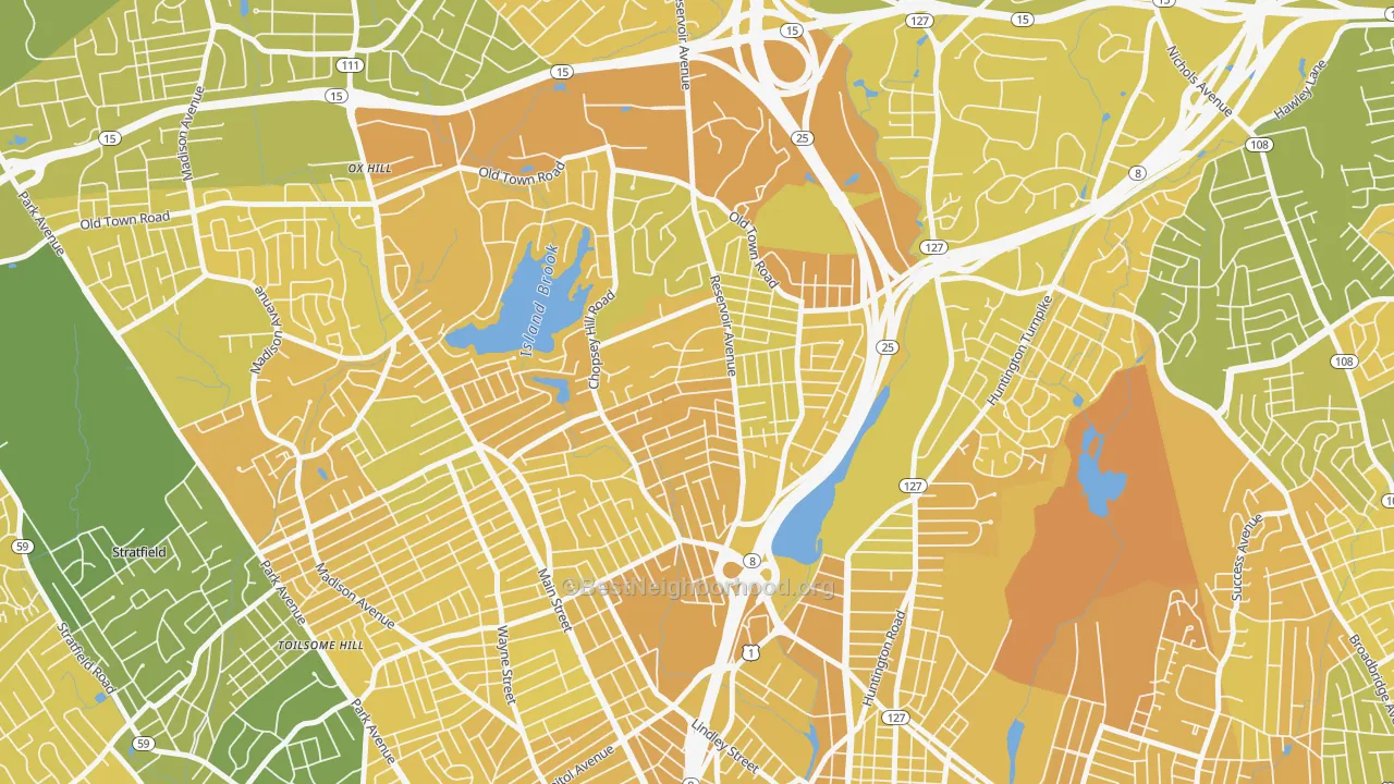 Map of the best neighborhoods in the Reservoir-Whiskey Hill, Bridgeport area, with better matches in green and worse matches in red