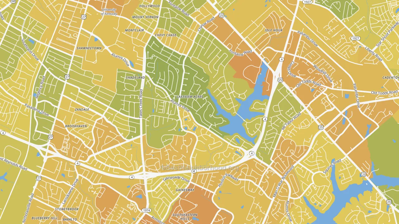 Map of the best neighborhoods in the Reservorir, Lexington area, with better matches in green and worse matches in red