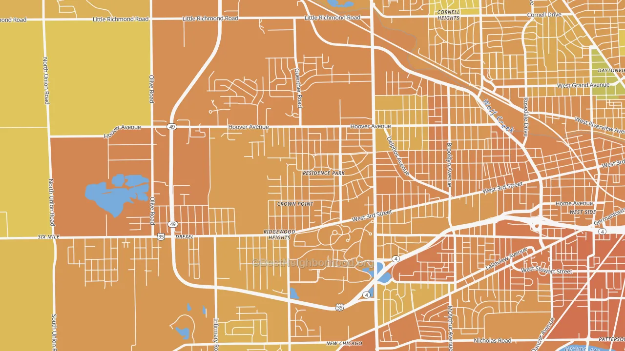 Map of the best neighborhoods in the Residence Park, Dayton area, with better matches in green and worse matches in red