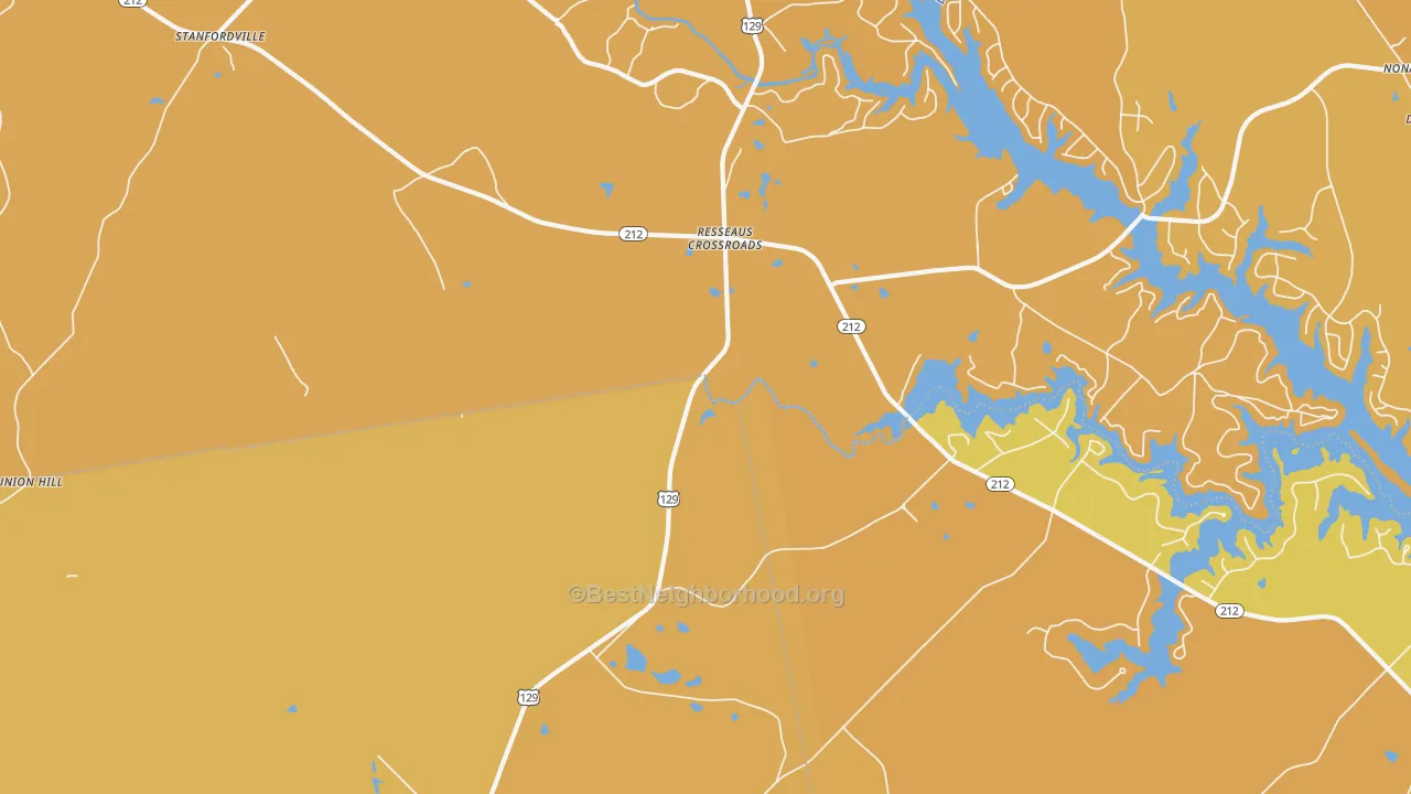 Map of the best neighborhoods in the Resseaus Crossroads area, with better matches in green and worse matches in red
