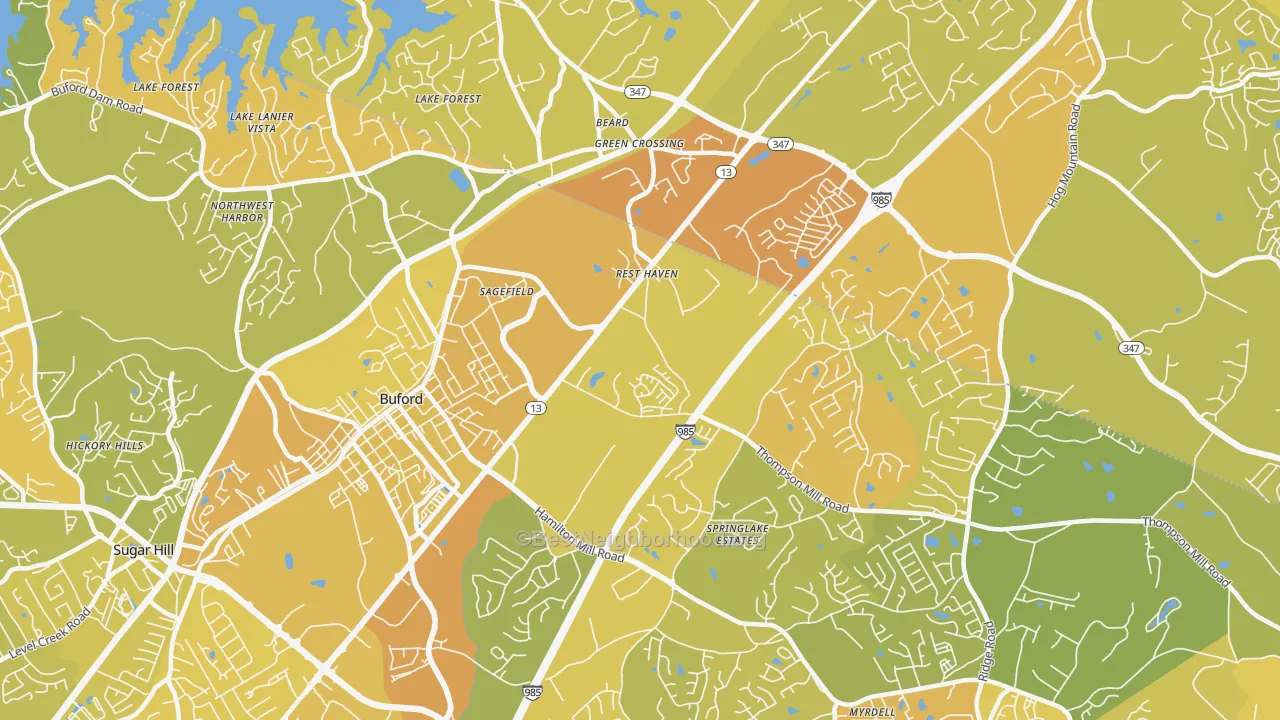 Map of the best neighborhoods in the Rest Haven area, with better matches in green and worse matches in red
