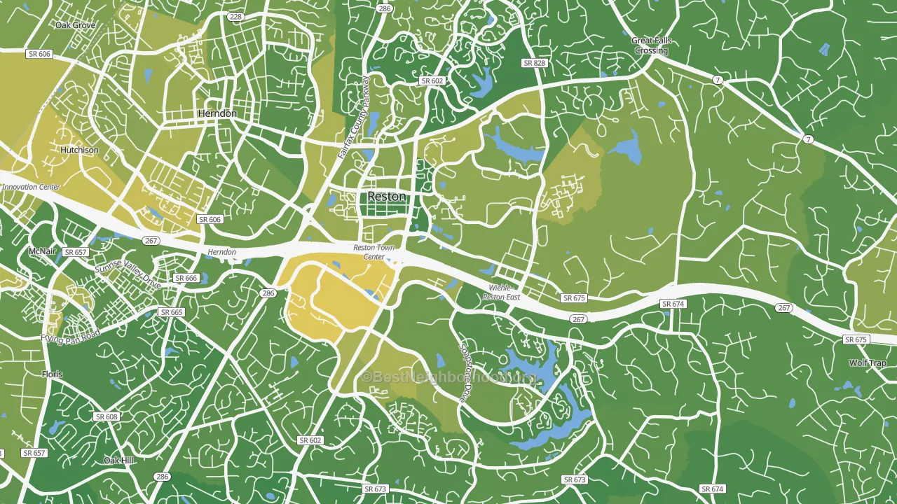 Map of the best neighborhoods in the Reston area, with better matches in green and worse matches in red