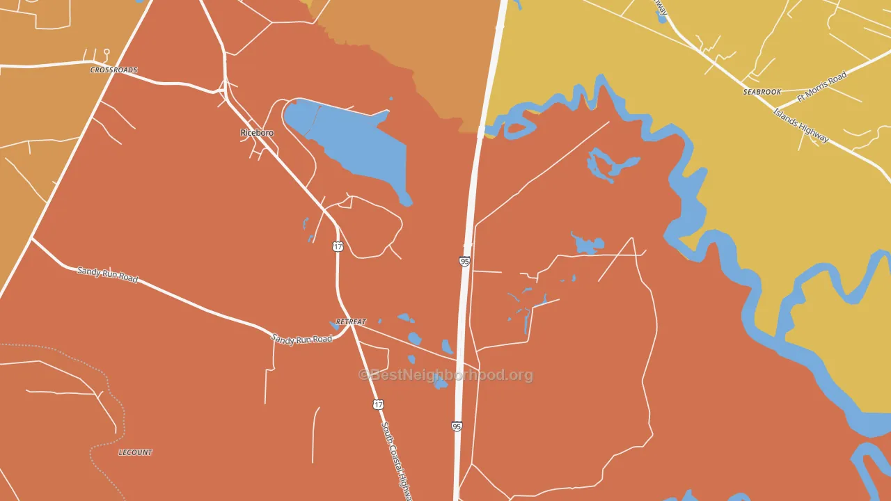 Map of the best neighborhoods in the Retreat area, with better matches in green and worse matches in red