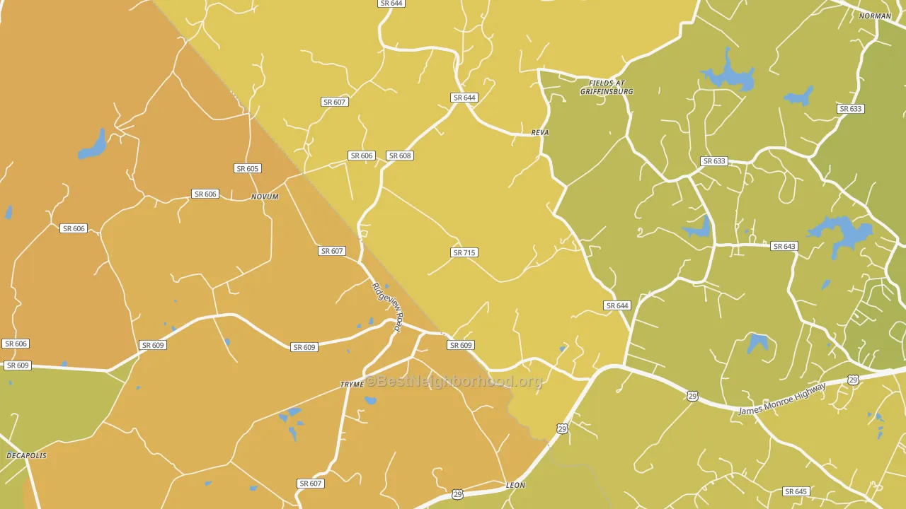 Map of the best neighborhoods in the Reva area, with better matches in green and worse matches in red