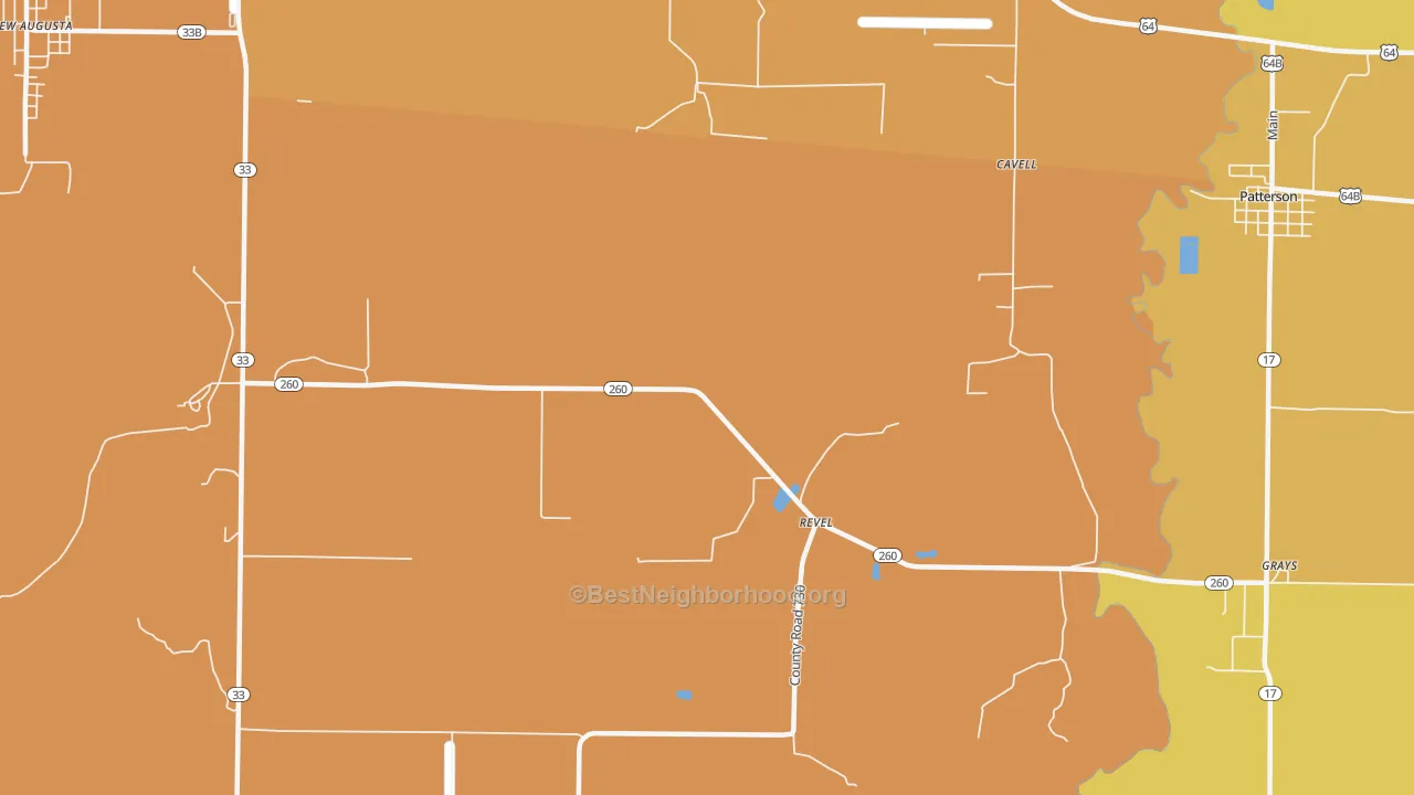 Map of the best neighborhoods in the Revel area, with better matches in green and worse matches in red