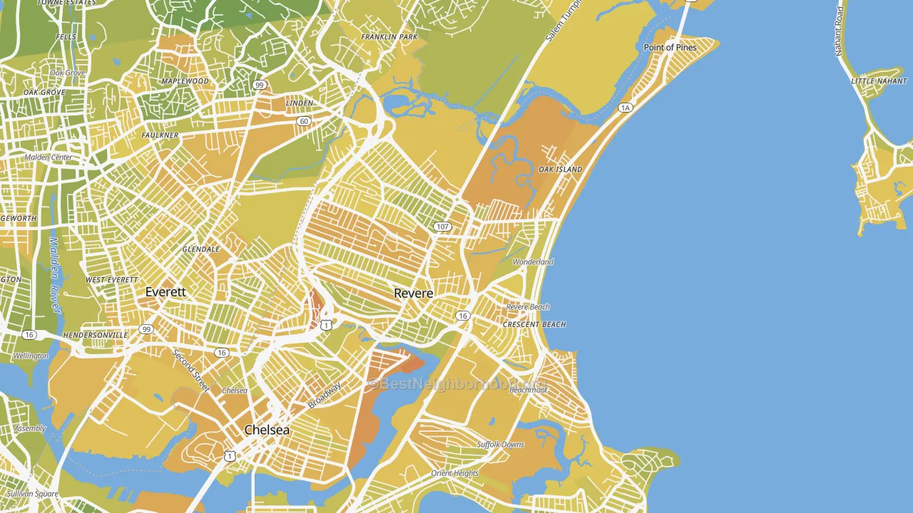 Map of the best neighborhoods in the Revere area, with better matches in green and worse matches in red