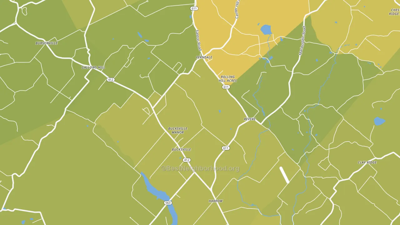 Map of the best neighborhoods in the Revere area, with better matches in green and worse matches in red