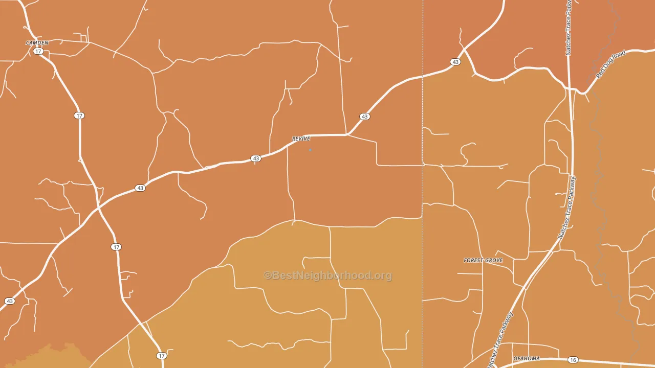 Map of the best neighborhoods in the Revive area, with better matches in green and worse matches in red