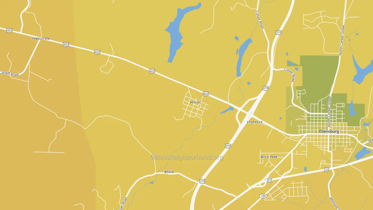 Map of the best neighborhoods in the Revloc area, with better matches in green and worse matches in red