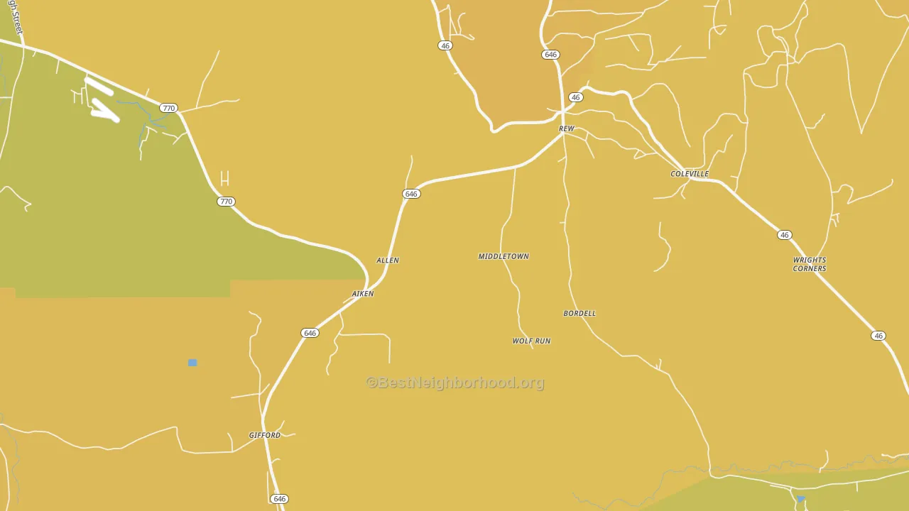 Map of the best neighborhoods in the Rew area, with better matches in green and worse matches in red