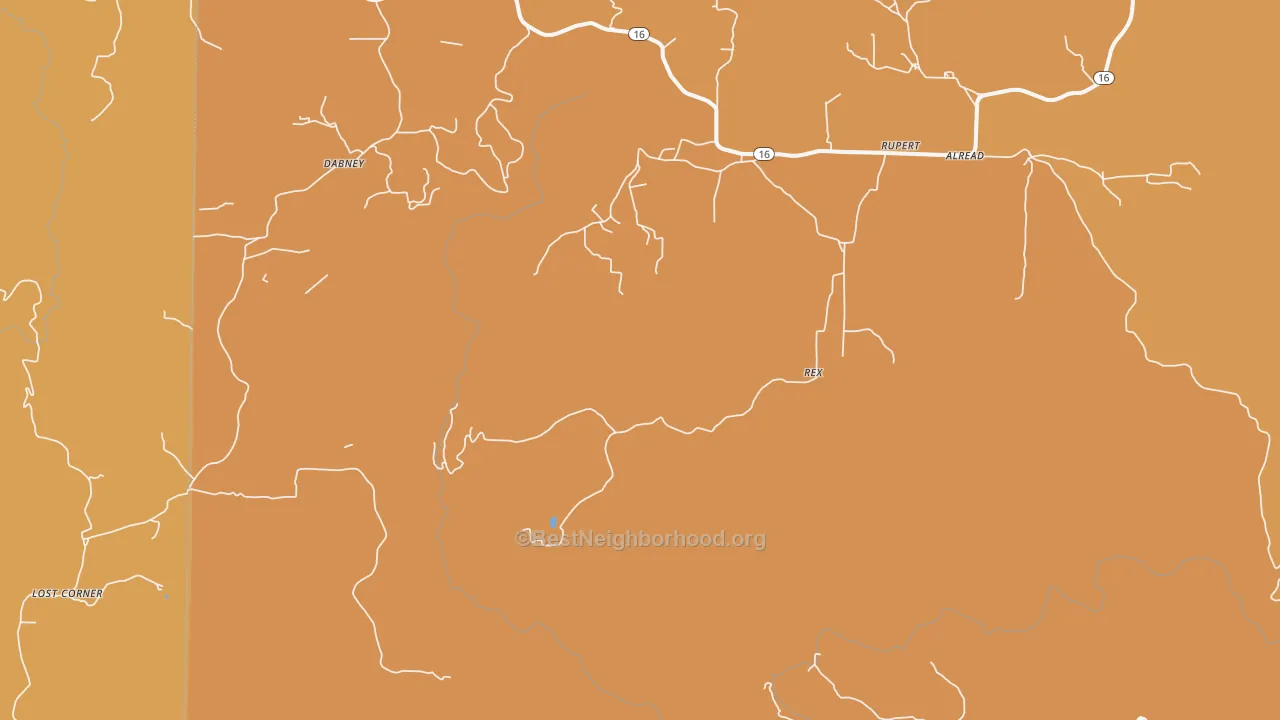 Map of the best neighborhoods in the Rex area, with better matches in green and worse matches in red