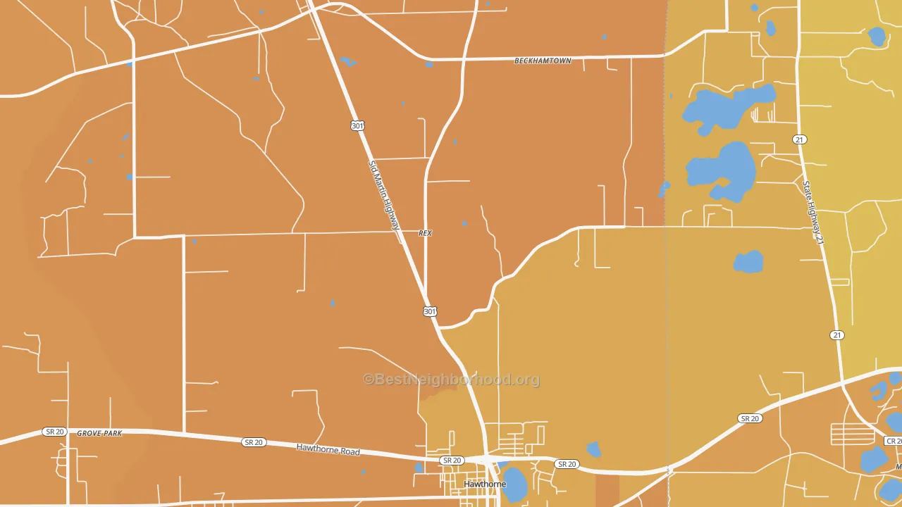 Map of the best neighborhoods in the Rex area, with better matches in green and worse matches in red