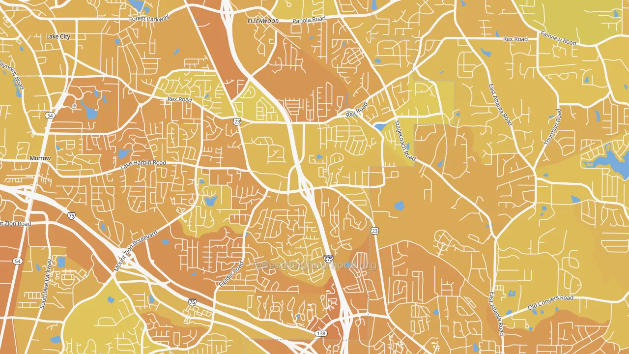 Map of the best neighborhoods in the Rex area, with better matches in green and worse matches in red