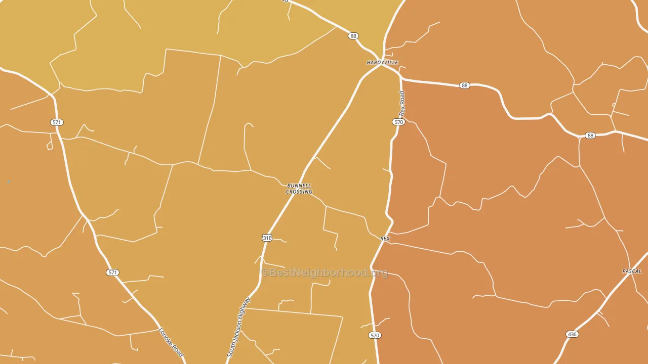 Map of the best neighborhoods in the Rex area, with better matches in green and worse matches in red