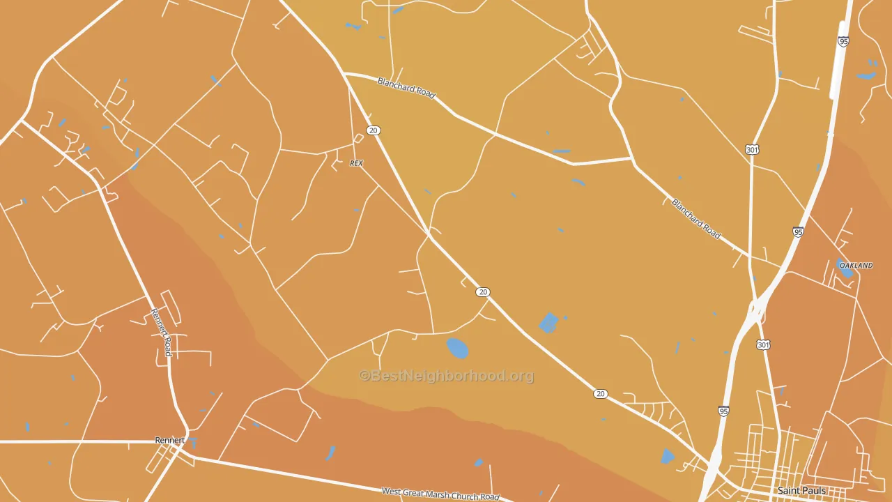 Map of the best neighborhoods in the Rex area, with better matches in green and worse matches in red