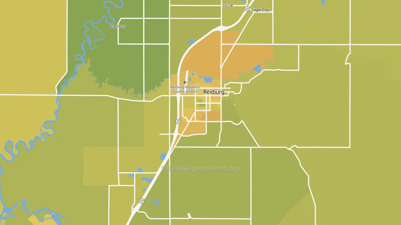 Map of the best neighborhoods in the Rexburg area, with better matches in green and worse matches in red