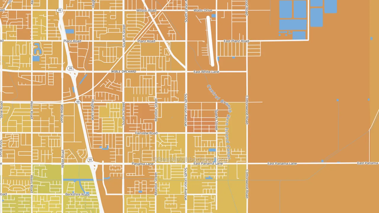 Map of the best neighborhoods in the Rexland Acres, Bakersfield area, with better matches in green and worse matches in red