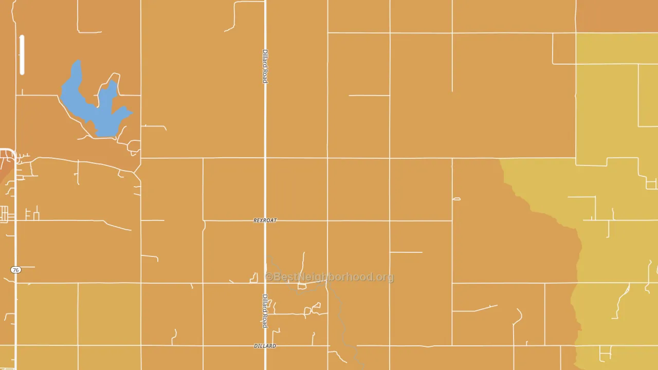 Map of the best neighborhoods in the Rexroat area, with better matches in green and worse matches in red