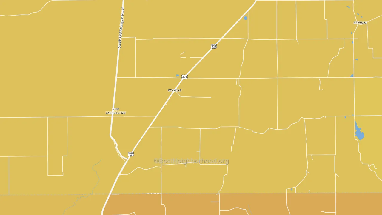 Map of the best neighborhoods in the Rexville area, with better matches in green and worse matches in red