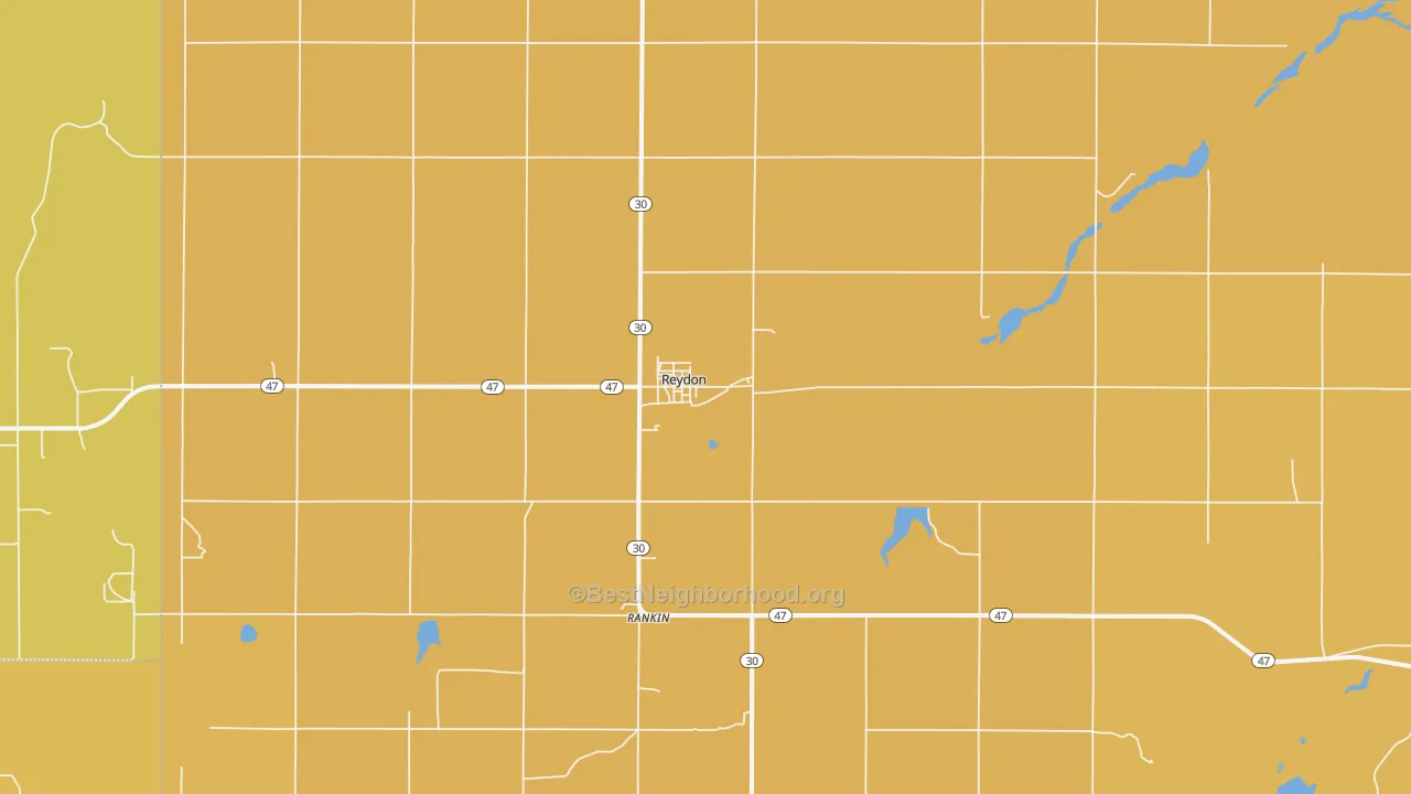 Map of the best neighborhoods in the Reydon area, with better matches in green and worse matches in red