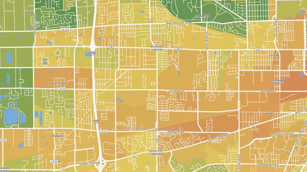 Map of the best neighborhoods in the Reynolds Corners, Toledo area, with better matches in green and worse matches in red