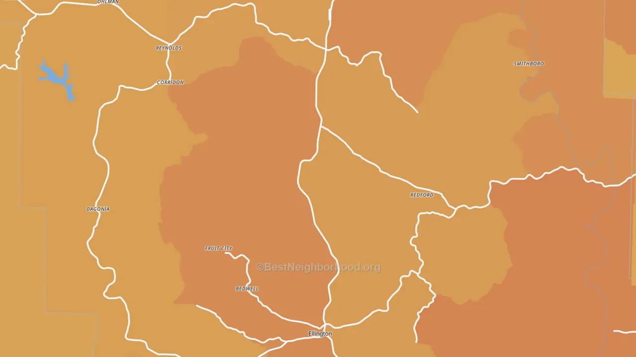 Map of the best neighborhoods in the Reynolds County area, with better matches in green and worse matches in red